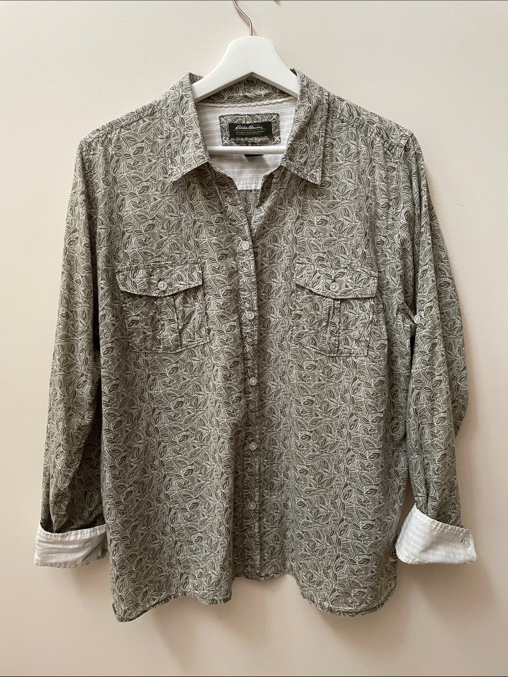 Eddie Bauer Olive Leaf-Print Lightweight Cotton Long Sleeve Button Front Shirt